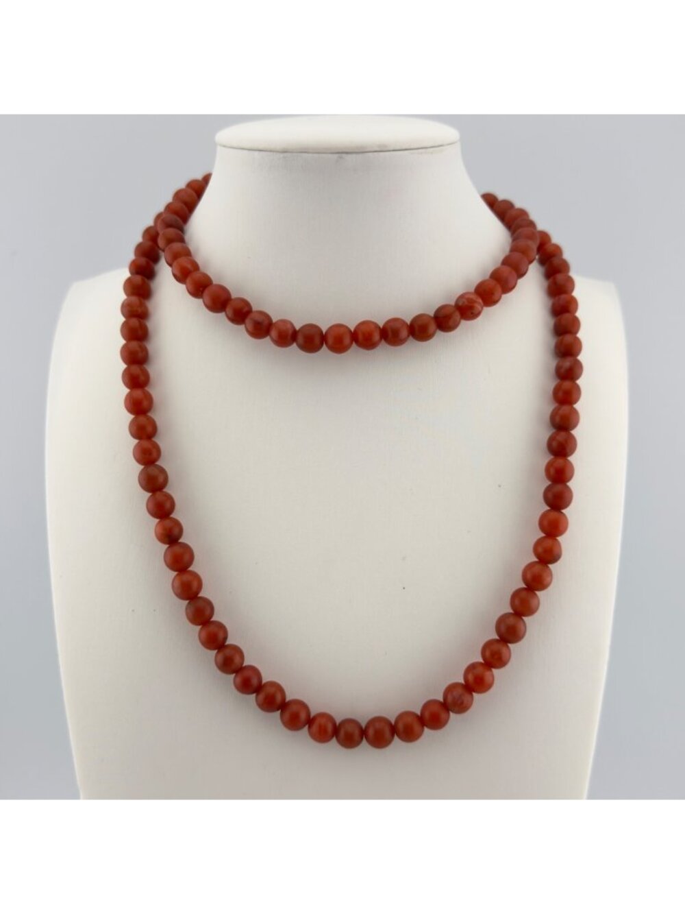 Vintage Glass Stone Beaded Necklace Single Strand Orange Red Polished Round 28"